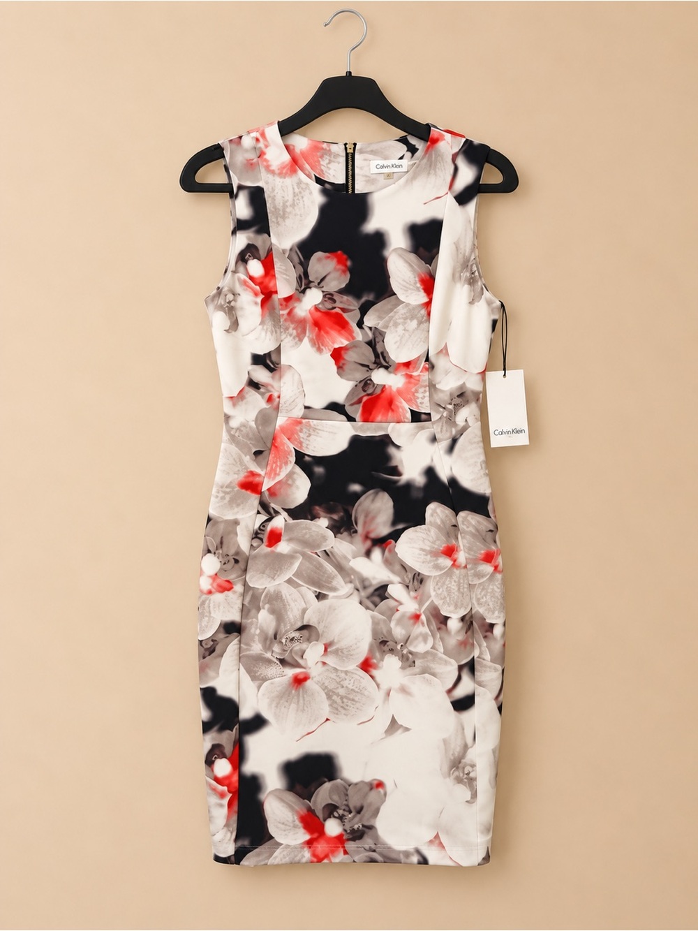Calvin Klein Floral Sheath Dress in White, Black & Red